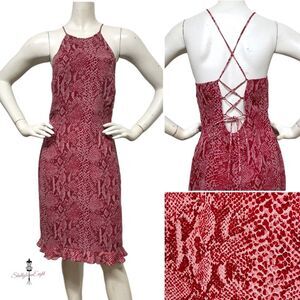 VINTAGE Kay Unger Y2K Silk Python Snake Animal Print Open Back Lace Up Dress 6 S